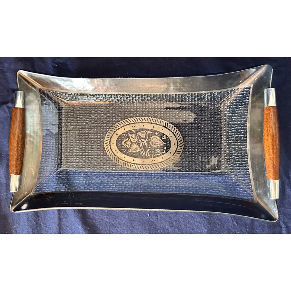 Vintage Georges Briard Silver Floral Serving Tray Rectangle Molded Glass Handle